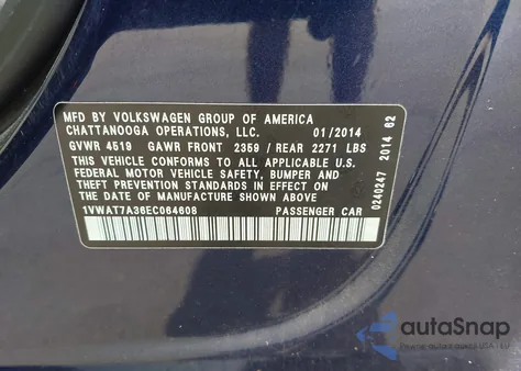 2014 Volkswagen Passat 1.8T S из США, поврежденный, VIN 1VWAT7A36EC064608